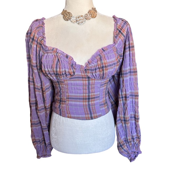 Free People Tops - Free People Lavender Plaid Balloon Sleeve Peasant Style Crop Top - EUC